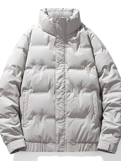 Light Gray men's puffer jacket, garment-only front view showing the stand collar, front closure and side pockets.