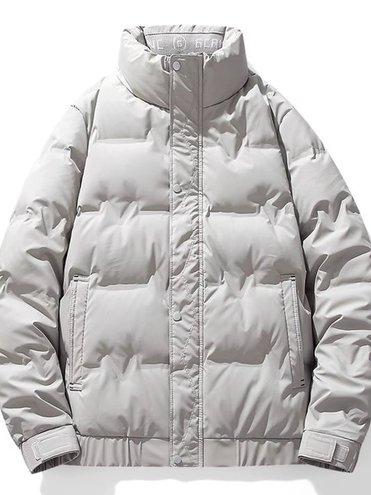 Light Gray men's puffer jacket, garment-only front view showing the stand collar, front closure and side pockets.