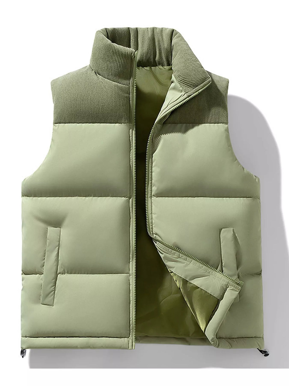 Apple Green men's corduroy-panel puffer vest, front view. One vest is sold.