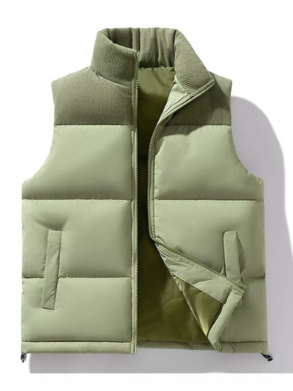 Apple Green men's corduroy-panel puffer vest, front view. One vest is sold.