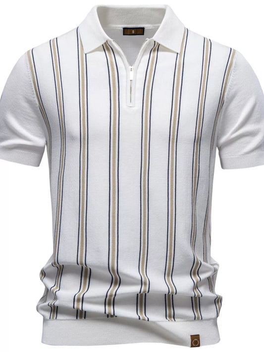 White short-sleeve zip polo with vertical navy and tan stripes, front view