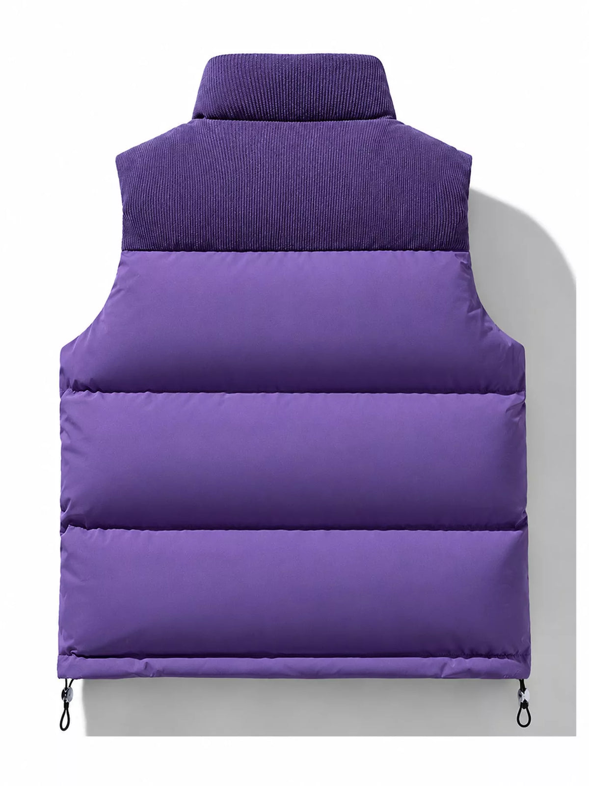Purple men's corduroy-panel puffer vest, back view. One vest is sold.