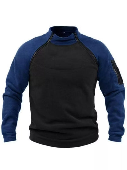Colour-block fleece sweatshirt with blue shoulders and sleeves and a dark body.