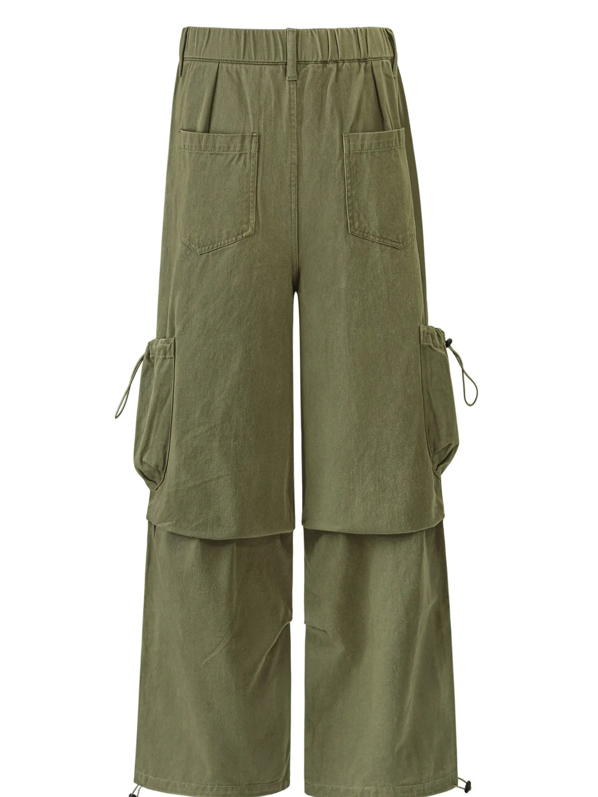 Garment-only rear view of olive cargo trousers with two patch pockets and drawcord side pockets.