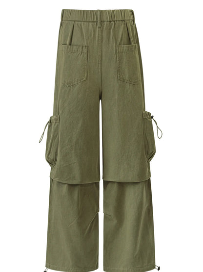 Garment-only rear view of olive cargo trousers with two patch pockets and drawcord side pockets.