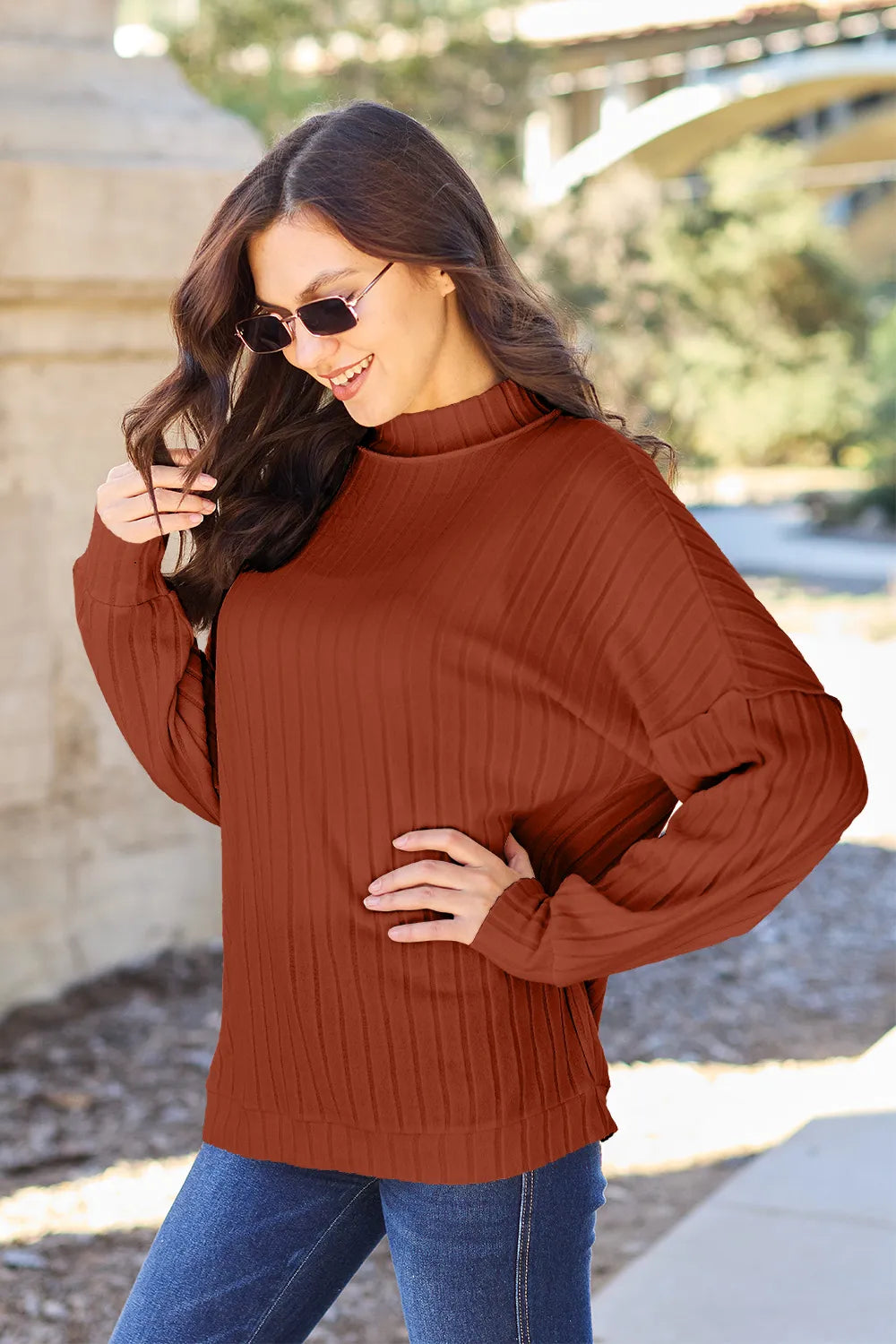 Basic Bae ribbed mock-neck long-sleeve knit top in Rust, front three-quarter view; top only.