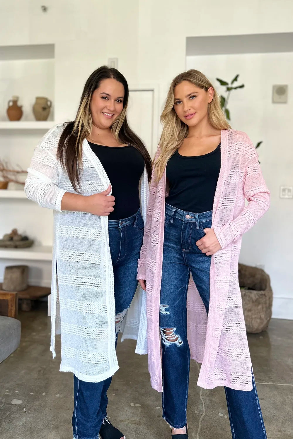 White and Blush Pink Double Take openwork longline cardigan — White and Blush Pink styling views