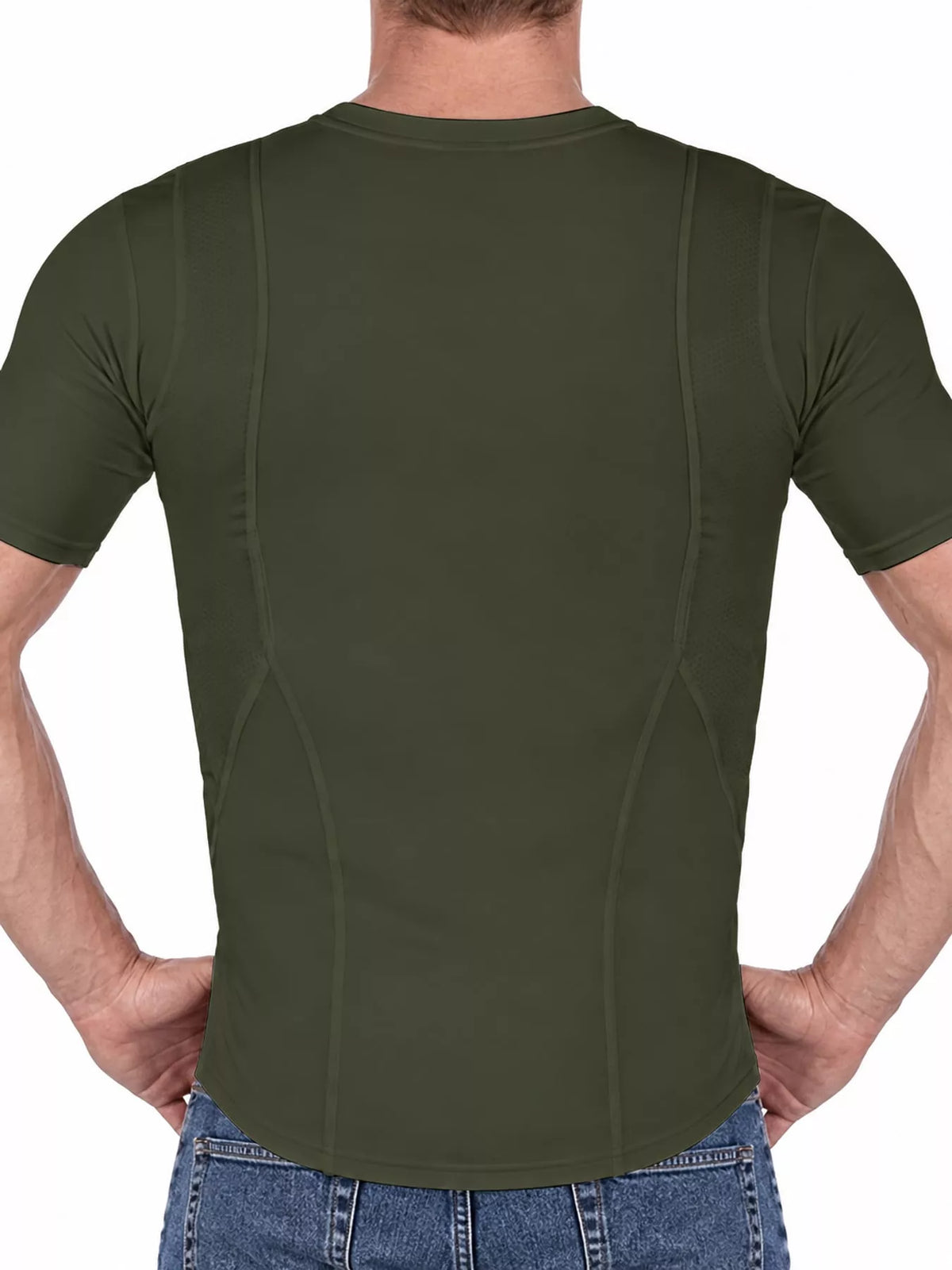 Rear view of the army green short-sleeve active T-shirt.