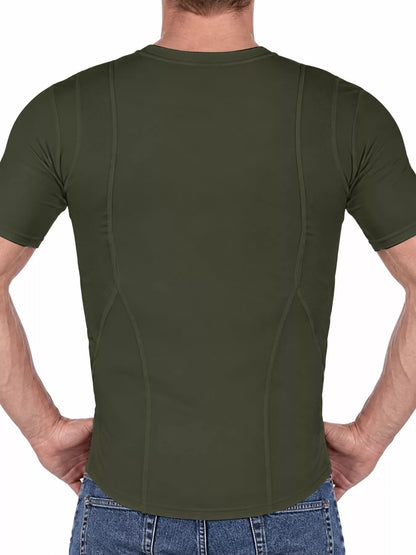 Rear view of the army green short-sleeve active T-shirt.