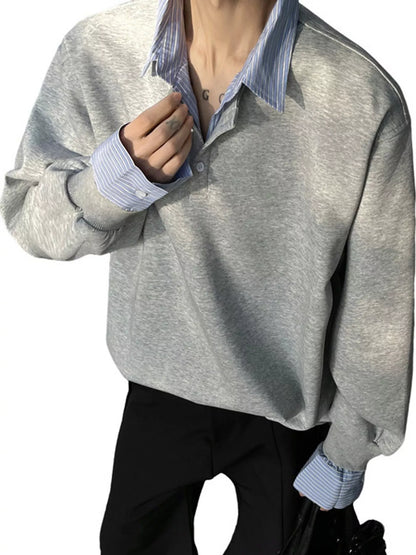 Gray striped-collar sweatshirt, front view; pants and bag excluded