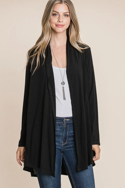 Black long-sleeve open-front cardigan, front view; top and jeans excluded