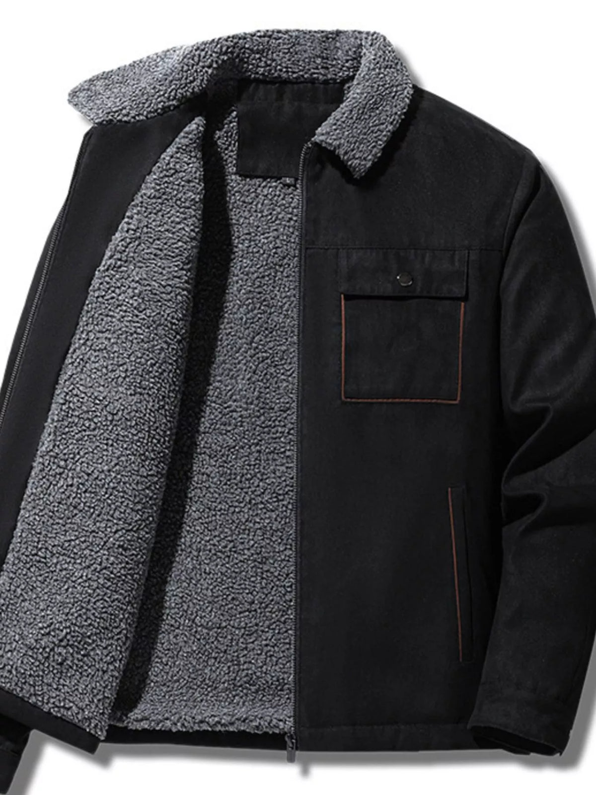 Black utility jacket shown open with gray plush lining and a flap chest pocket.