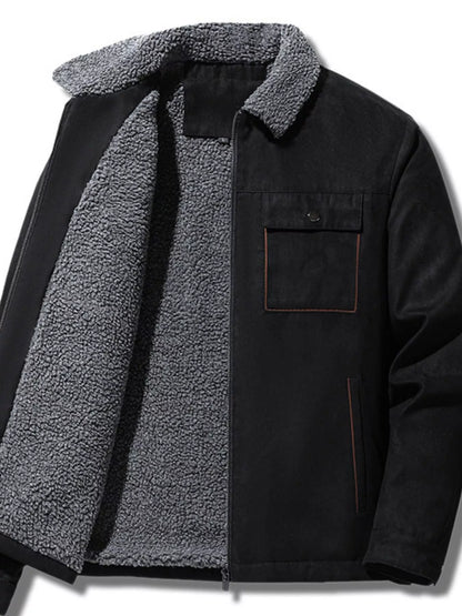 Black utility jacket shown open with gray plush lining and a flap chest pocket.