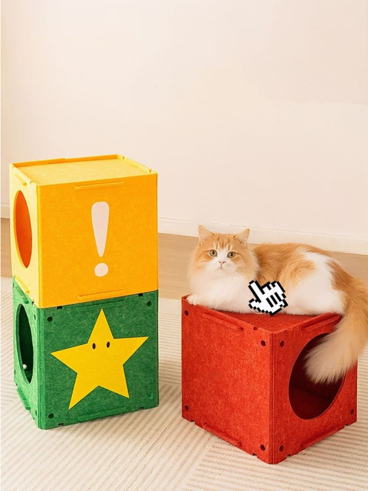Example arrangement of cube cat houses with a cat