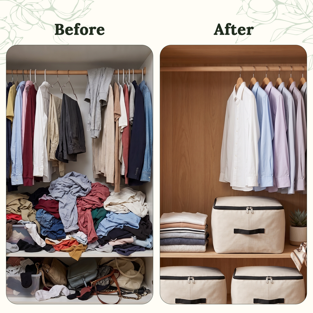 Closet organization example showing folded textiles in canvas storage bags