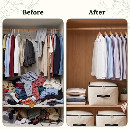 Closet organization example showing folded textiles in canvas storage bags