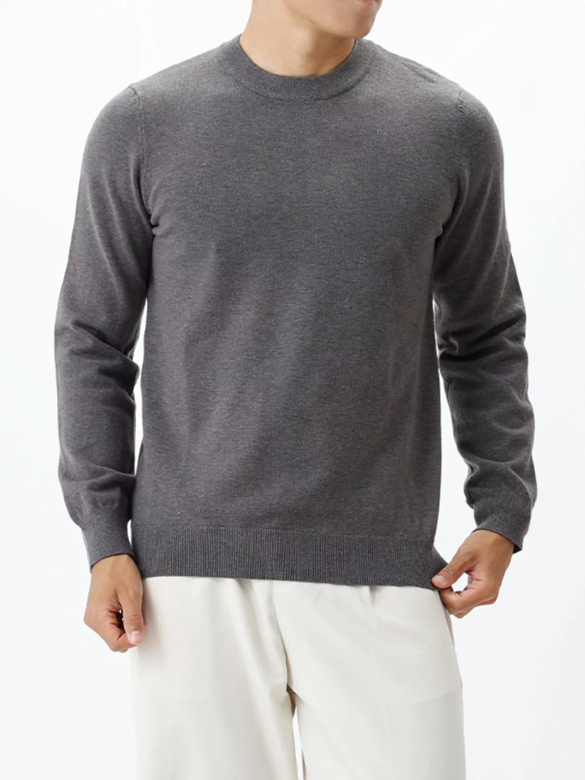 Men's long-sleeve crew-neck sweater in Dark Gray, front view.