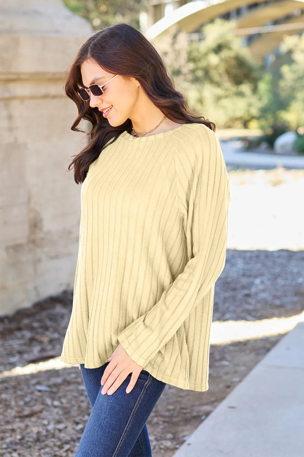 Basic Bae opaque ribbed long-sleeve knit top in Light Yellow, front view