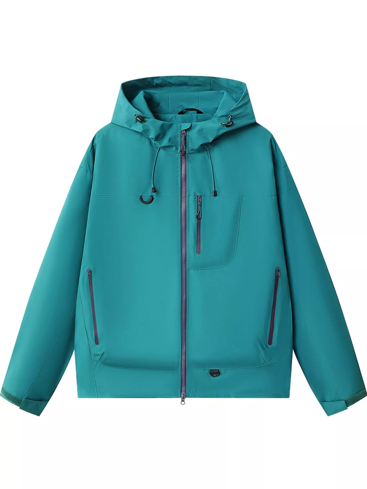 Green men's hooded multi-pocket zip jacket — front view