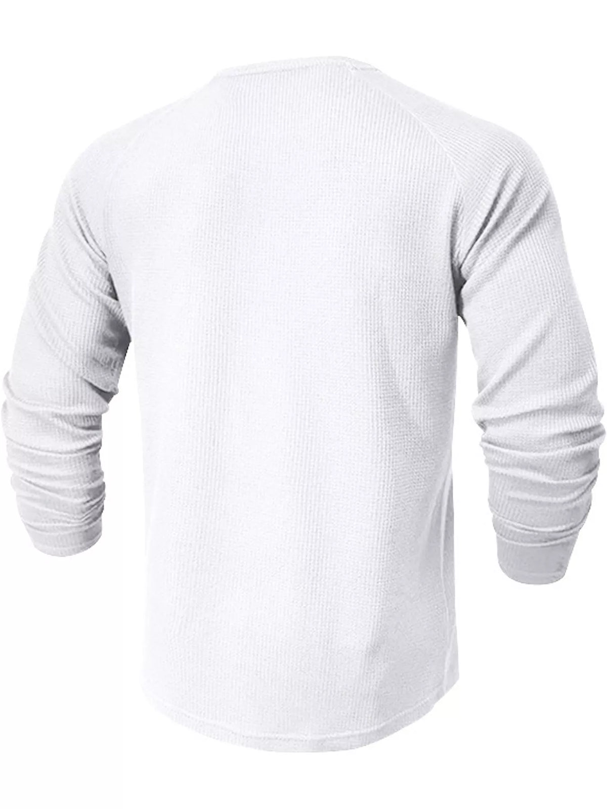 White men’s waffle-knit Henley, back view.