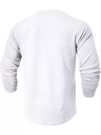 White men’s waffle-knit Henley, back view.
