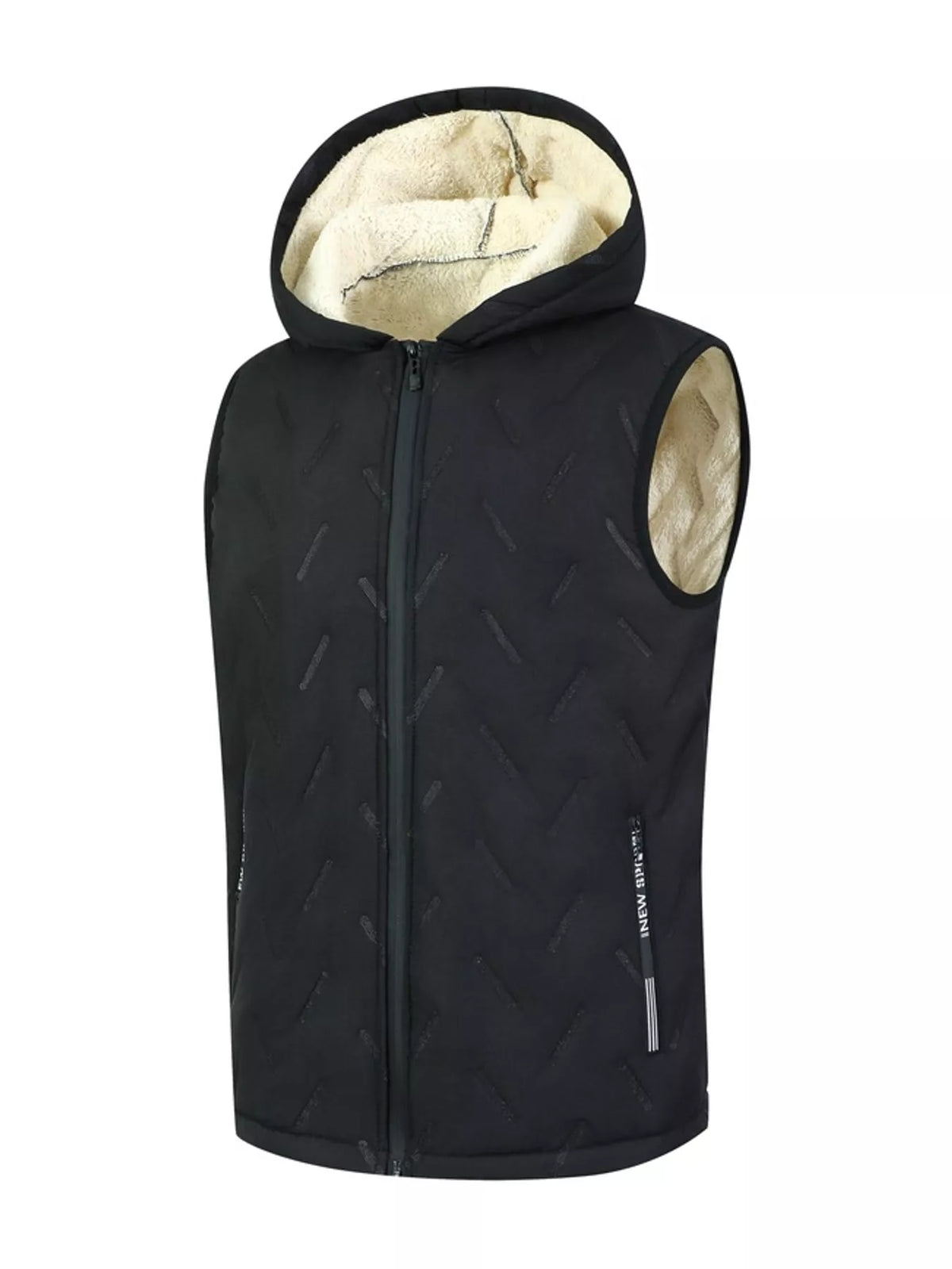 Black hooded men's fleece-lined quilted vest, front view. One vest only.