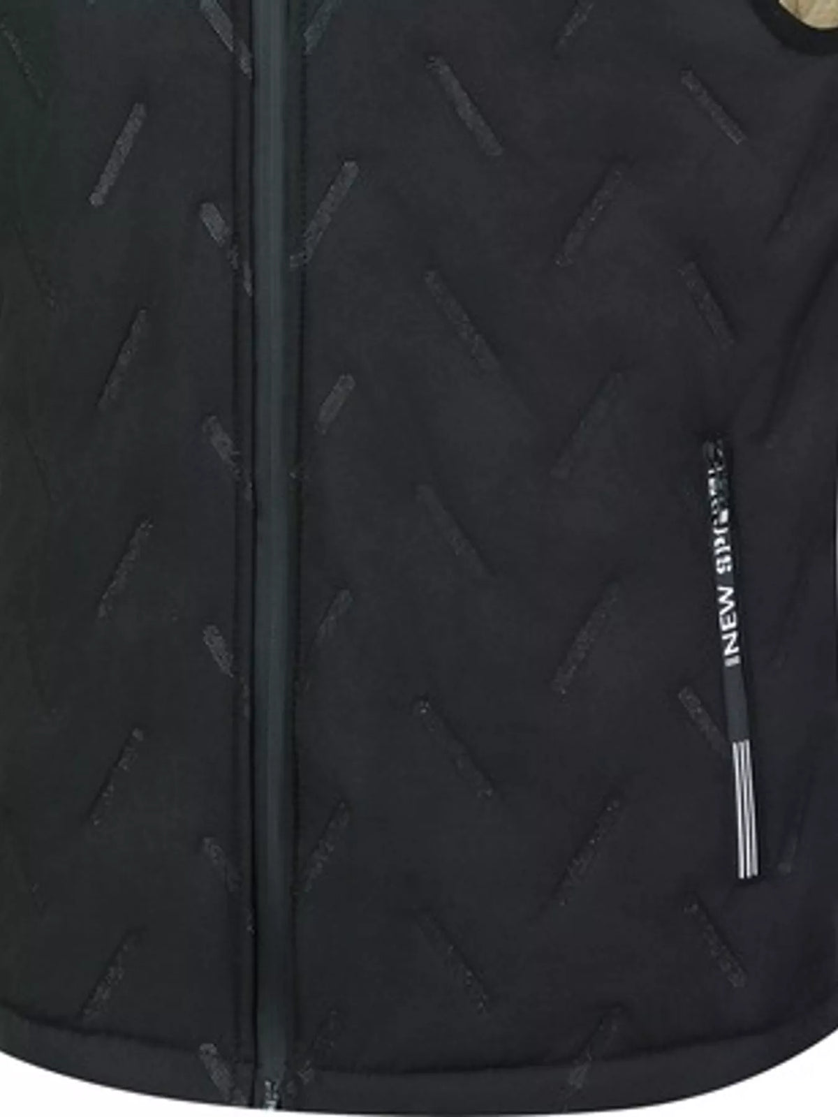Black hooded men's fleece-lined quilted vest, zipper, pocket, shell and lining detail panels. One vest only.