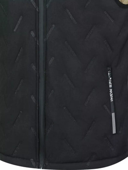 Black hooded men's fleece-lined quilted vest, zipper, pocket, shell and lining detail panels. One vest only.