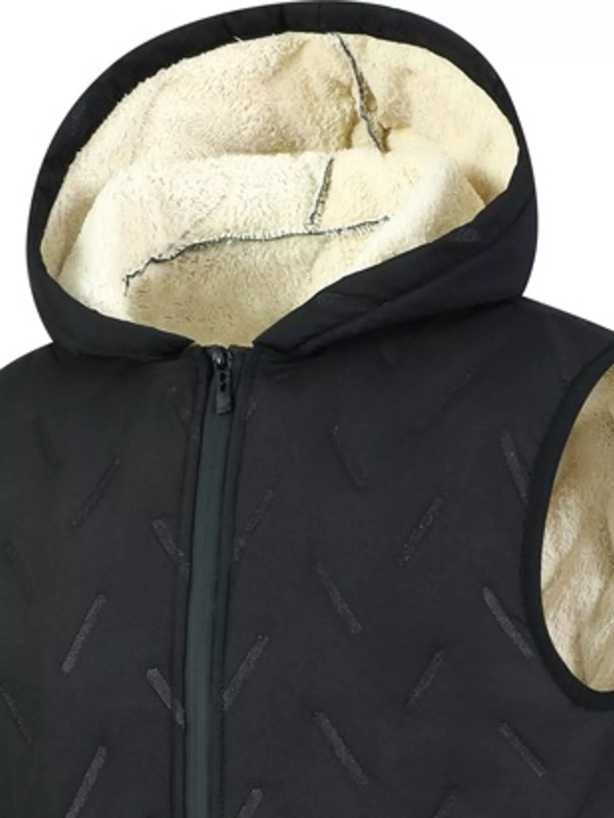 Black hooded men's fleece-lined quilted vest, hood and neckline detail. One vest only.