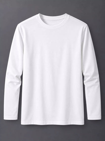White men's cotton long-sleeve crewneck tee, laid flat.