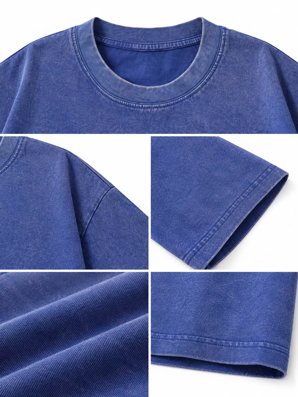 Blue-Washed acid-wash oversized crewneck T-shirt, detail collage of neckline, sleeves, hem and fabric. One shirt only.