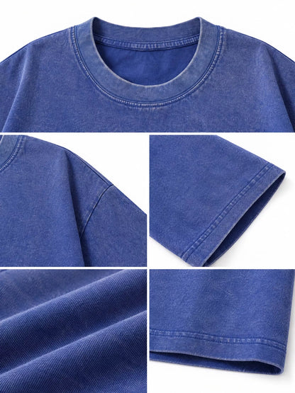 Blue-Washed acid-wash oversized crewneck T-shirt, detail collage of neckline, sleeves, hem and fabric. One shirt only.