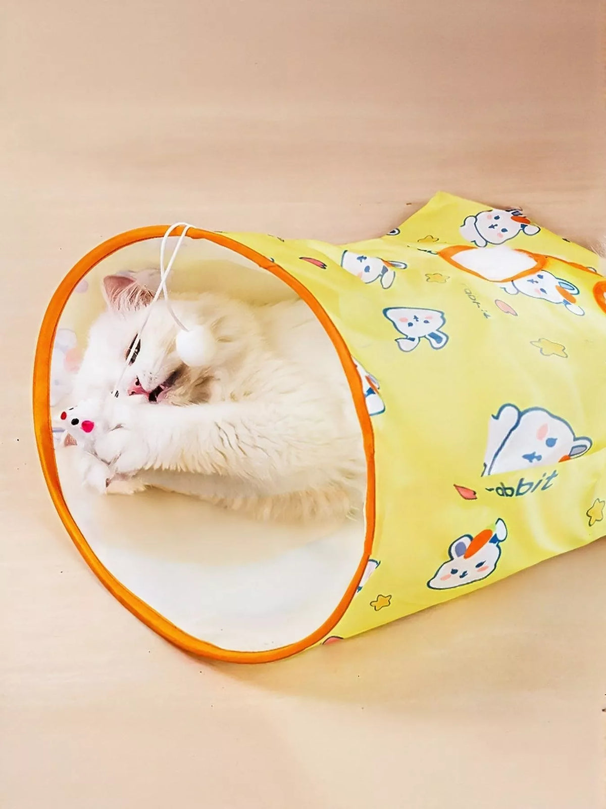 Close-up of the Rabbit Pattern tunnel entrance with a cat inside