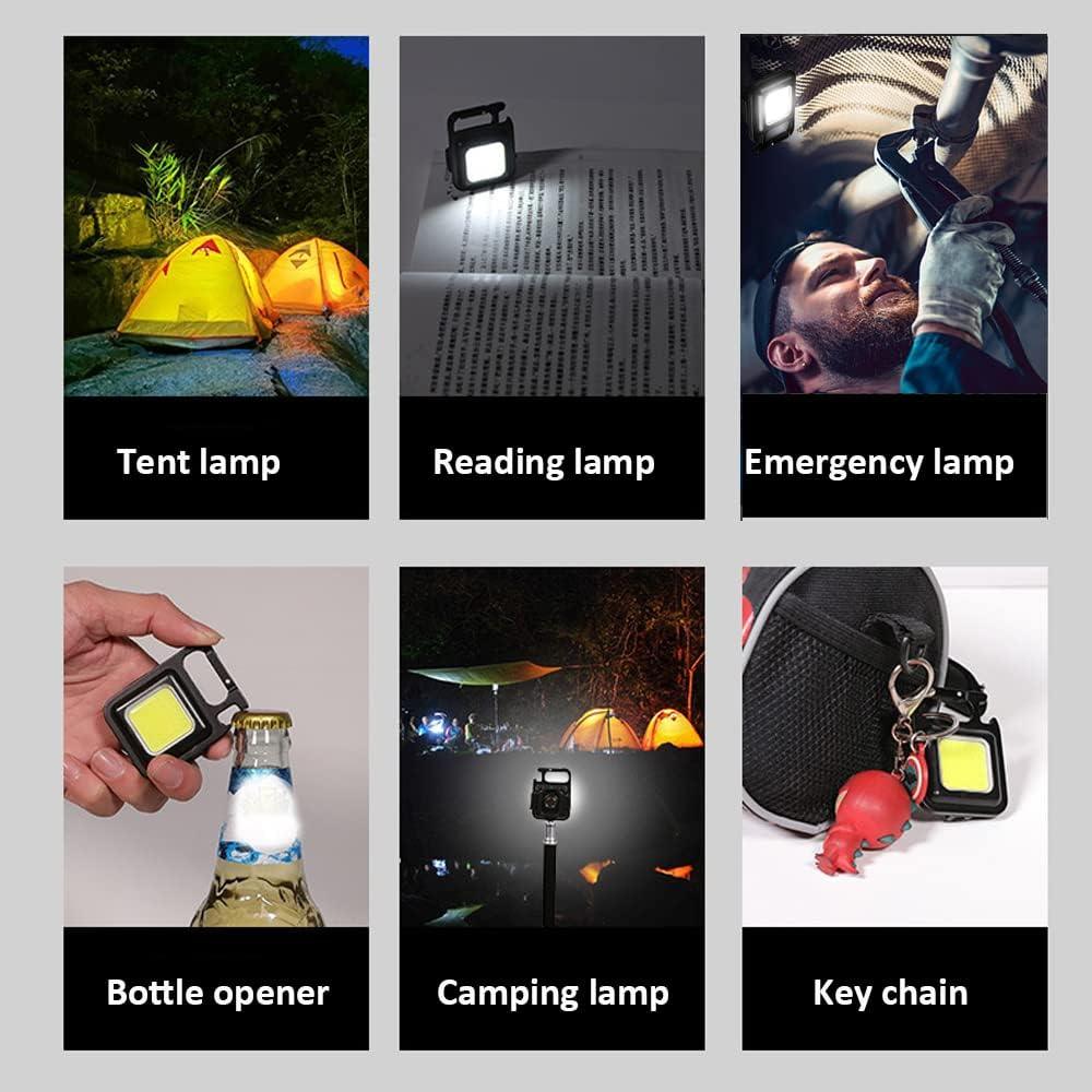 Use examples for the keychain light: tent, reading, repair, bottle opening, camping, and keychain carry.