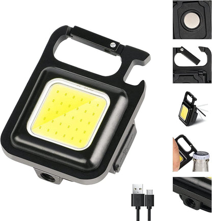Close view of the black COB keychain light, with inset views of rear magnet, bottle opener, folding support, and charging cable.