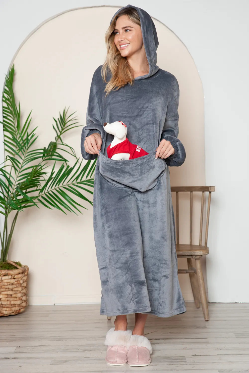 Dark Gray hooded midi lounge dress with long sleeves and front kangaroo pocket, front or angled view. One dress; styling accessories not included.