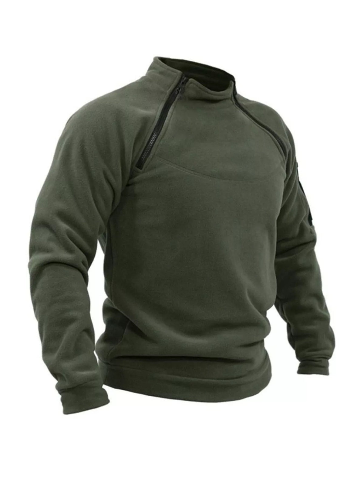 Angled view of the Army Green fleece sweatshirt showing its sleeve pocket and zip neckline.