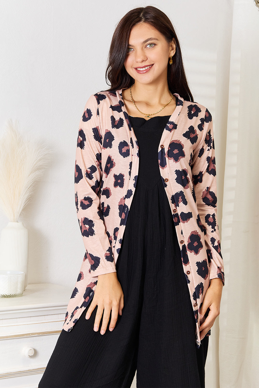 Double Take leopard-print longline cardigan, front view; black outfit and accessories not included.