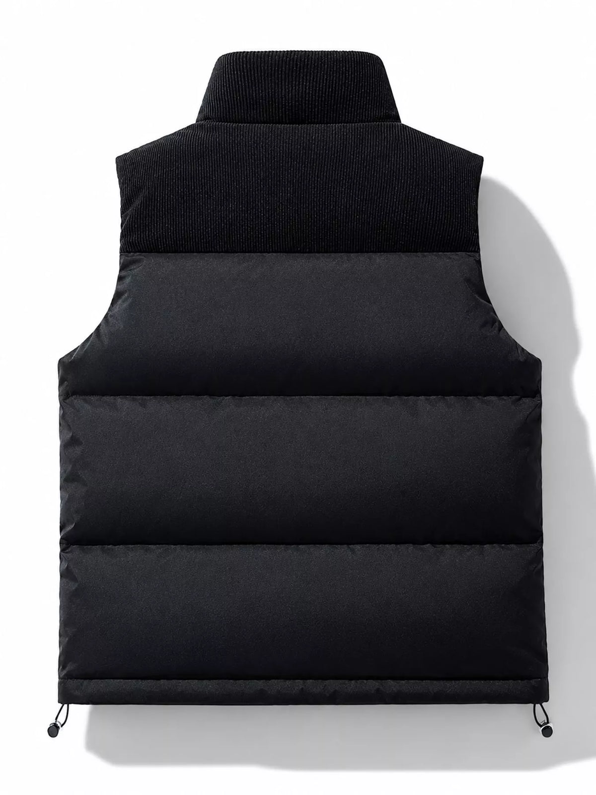 Black men's corduroy-panel puffer vest, back view. One vest is sold.