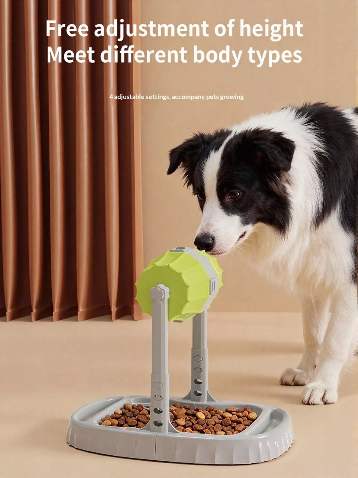 Green Style 1 rotating treat dispenser at a tall stand setting beside a dog; food and pet are not included.