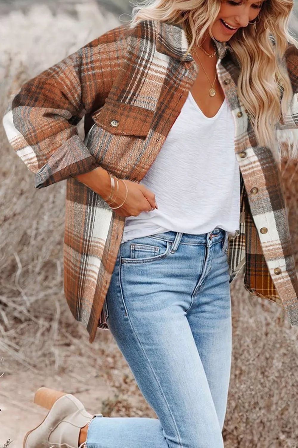 Caramel plaid button-up shacket product view 6