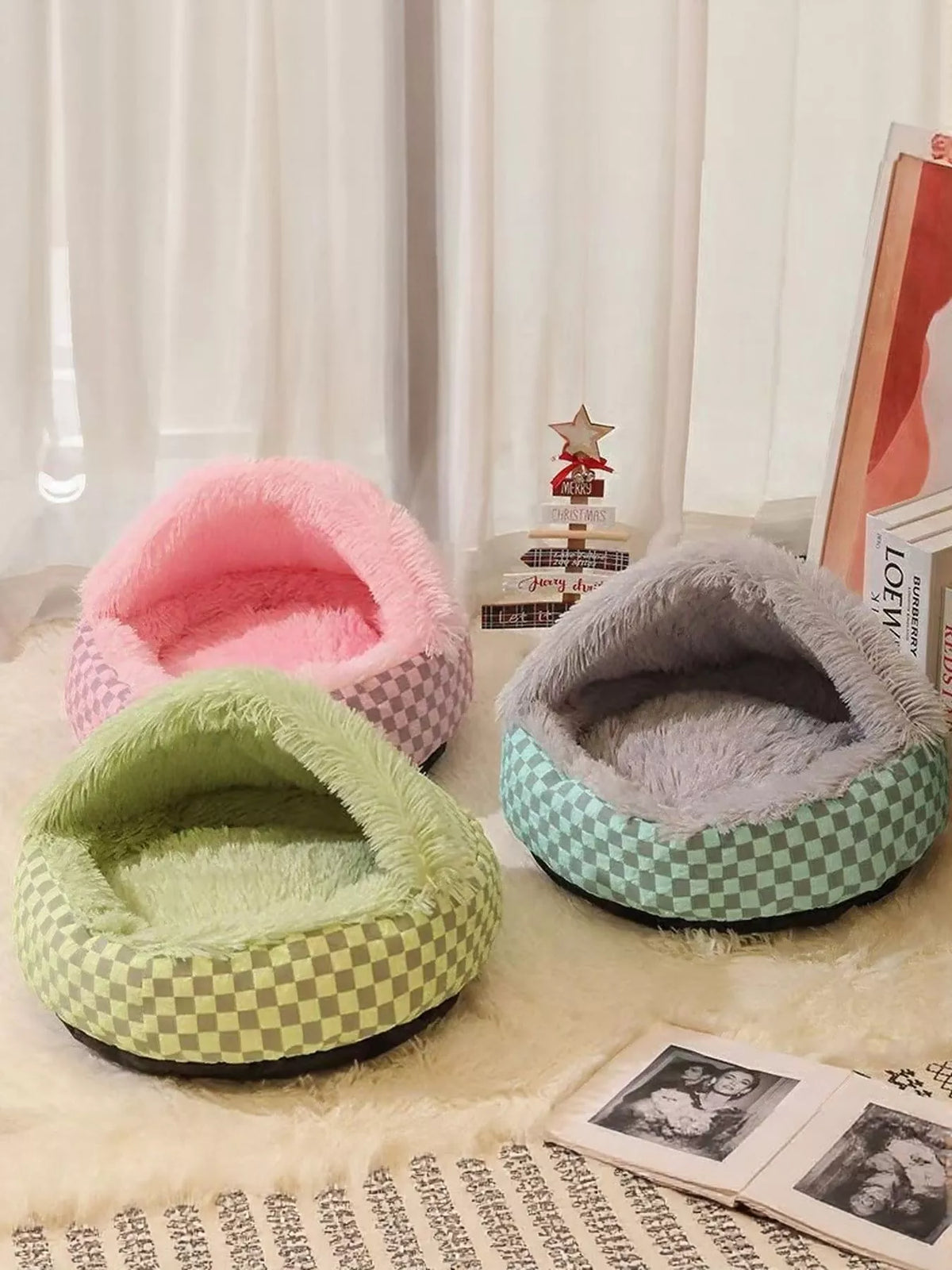 Three pet nest color options shown together; one nest sold separately.