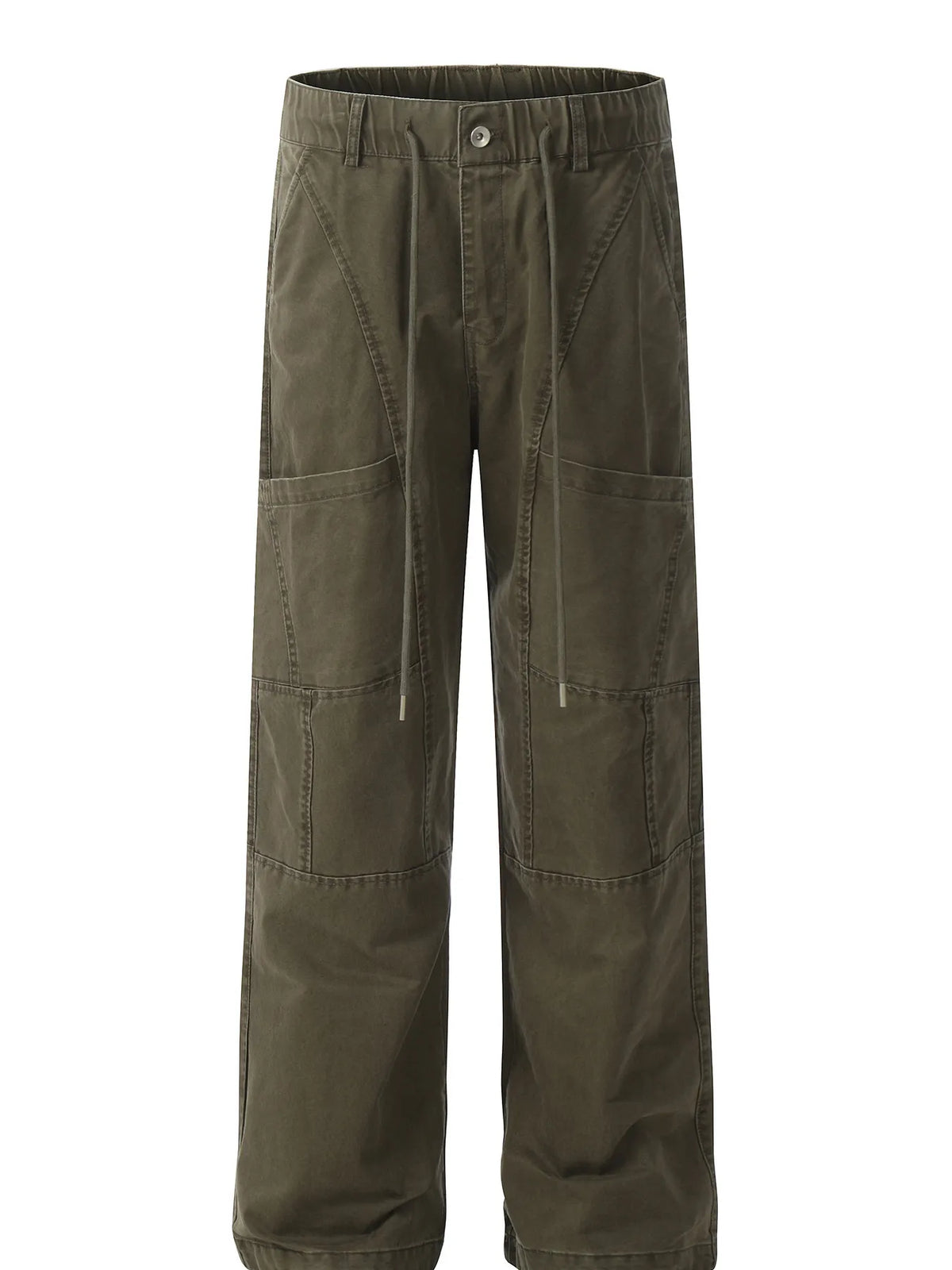 Garment-only front view of green cotton cargo trousers with drawstrings, front pockets and knee seams.