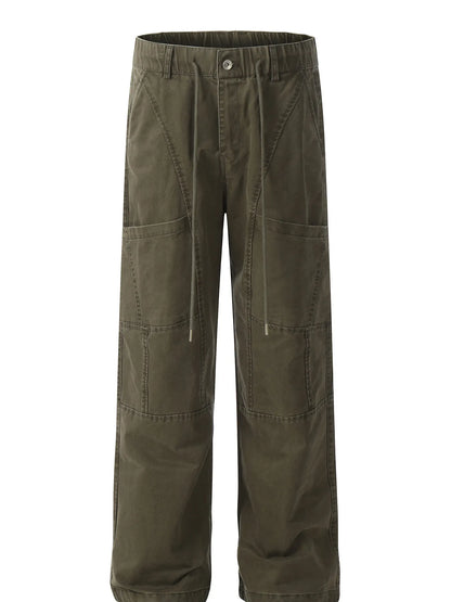 Garment-only front view of green cotton cargo trousers with drawstrings, front pockets and knee seams.