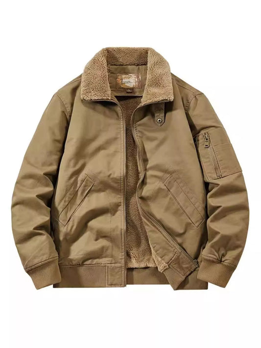 Men's camel zip-front jacket, partly open with plush collar and sleeve pocket