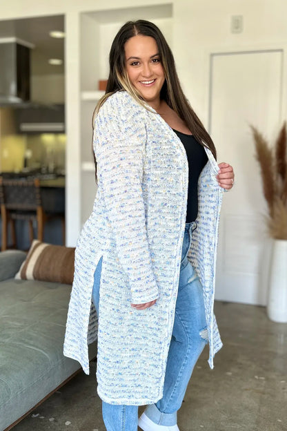 Multicolor Double Take openwork longline cardigan — side styling view