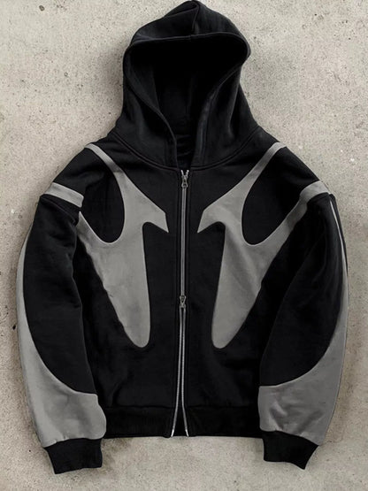 Black and gray oversized full-zip hoodie, front flat lay