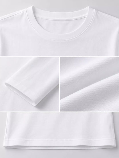 White men's cotton long-sleeve crewneck tee, neckline, sleeve and hem details.