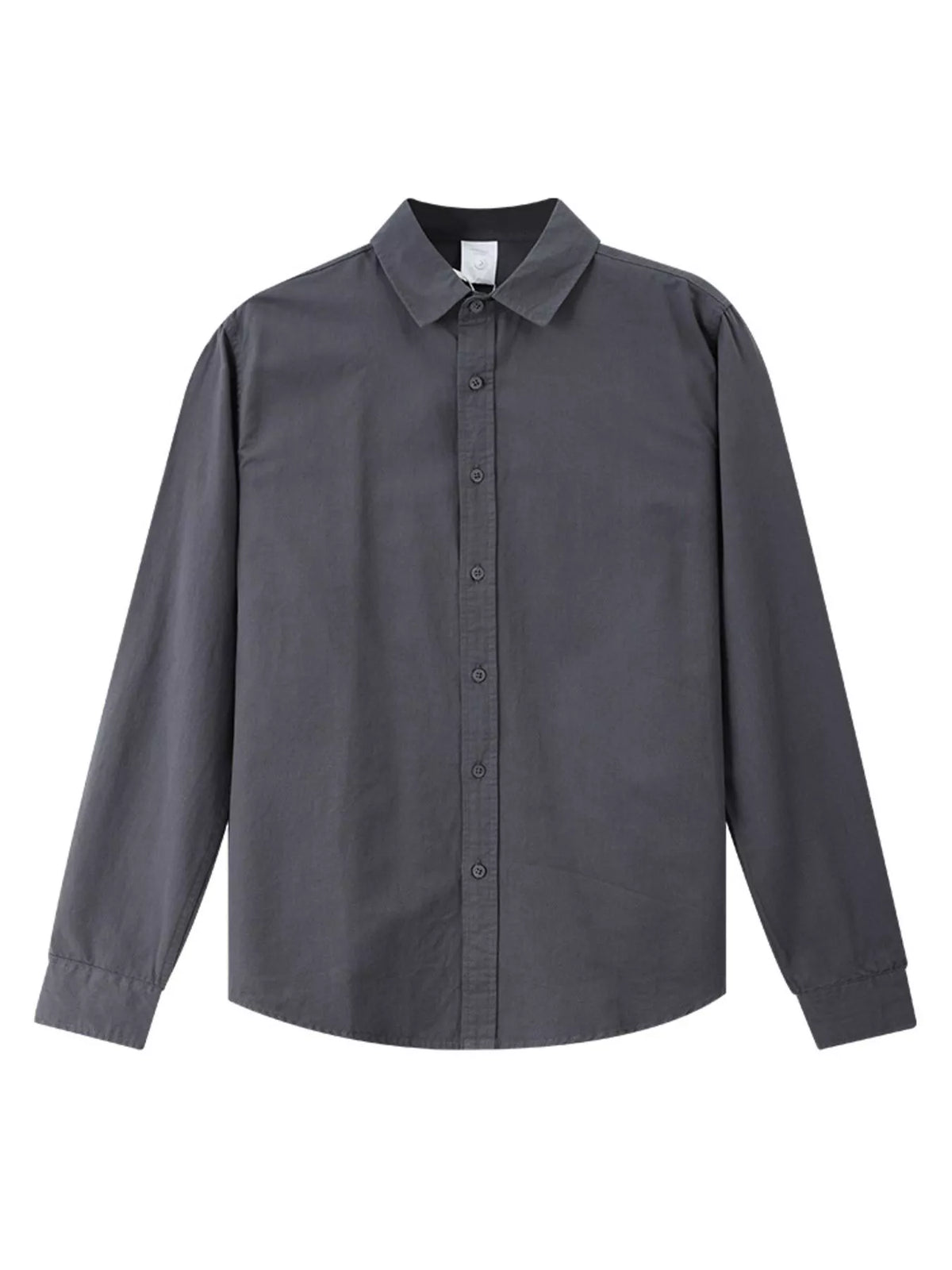 Dark gray long-sleeve button-down shirt, product-only front view