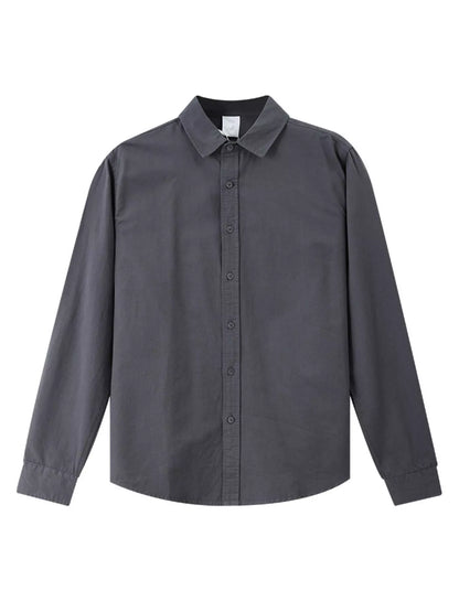 Dark gray long-sleeve button-down shirt, product-only front view